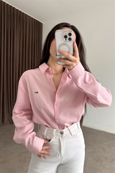 Lcst Keten Düz Kesim Pembe Gömlek