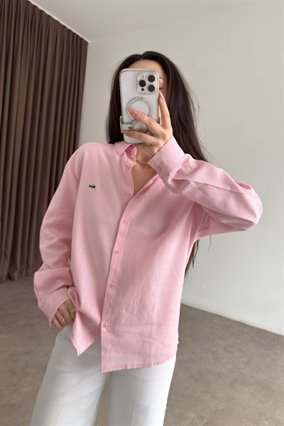 Lcst Keten Düz Kesim Pembe Gömlek