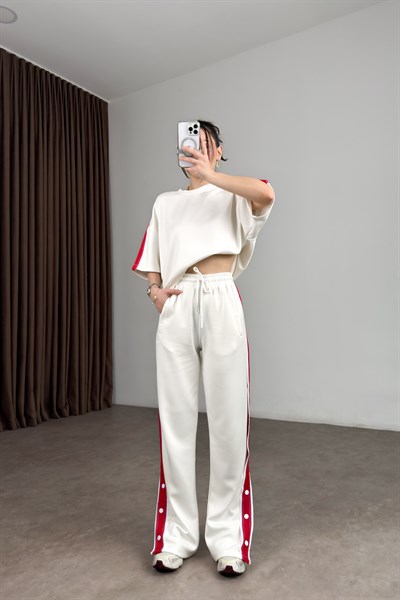 Lcst Paçası Çıt Çıtlı Şeritli Beyaz Eşofman Takımı