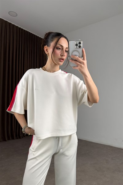 Lcst Paçası Çıt Çıtlı Şeritli Beyaz Eşofman Takımı