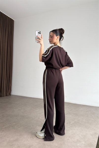 Lcst Paçası Çıt Çıtlı Şeritli Kahverengi Eşofman Takımı