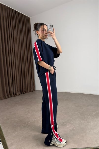 Lcst Paçası Çıt Çıtlı Şeritli Lacivert Eşofman Takımı