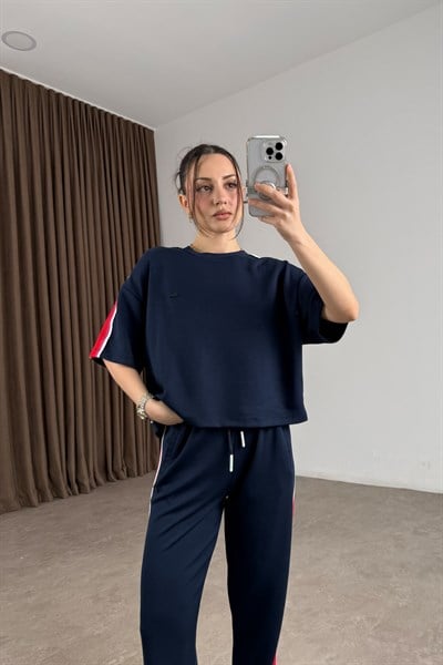 Lcst Paçası Çıt Çıtlı Şeritli Lacivert Eşofman Takımı