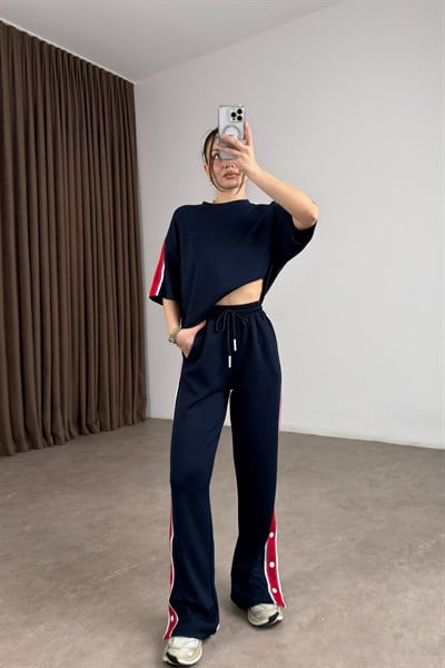 Lcst Paçası Çıt Çıtlı Şeritli Lacivert Eşofman Takımı