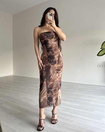 Lexa Desenli Straplez Elbise Kahve