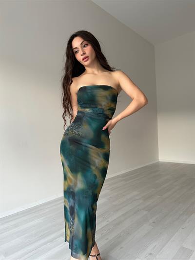 Lexa Desenli Straplez Elbise Mavi