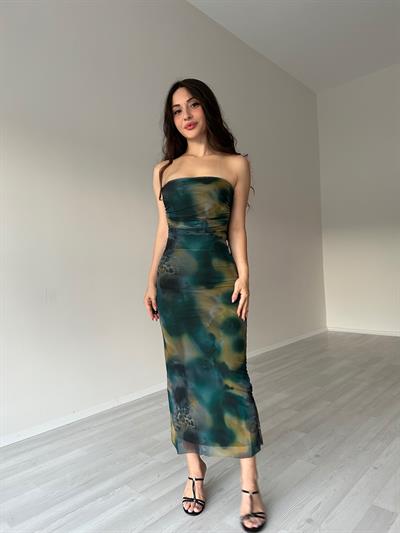 Lexa Desenli Straplez Elbise Mavi