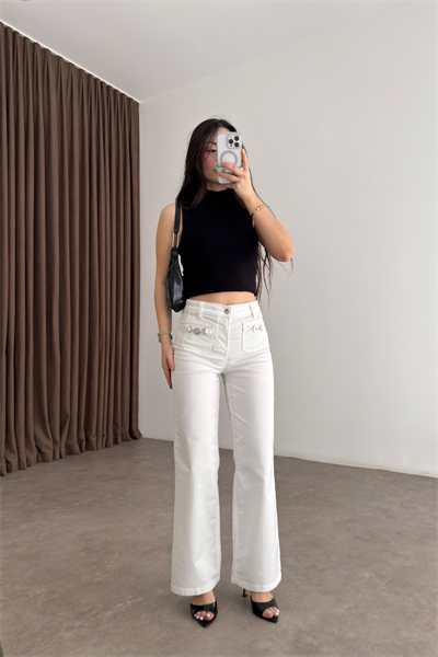 LJ Orijinal Önü Aksesuar Detaylı Beyaz Jean