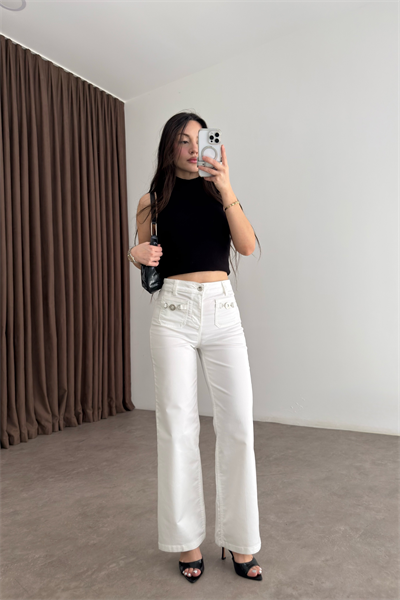 LJ Orijinal Önü Aksesuar Detaylı Beyaz Jean