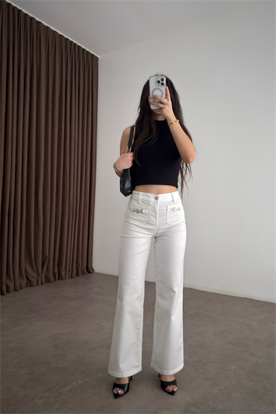 LJ Orijinal Önü Aksesuar Detaylı Beyaz Jean