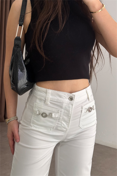 LJ Orijinal Önü Aksesuar Detaylı Beyaz Jean