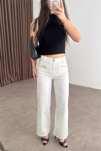 LJ Orijinal Önü Aksesuar Detaylı Beyaz Jean