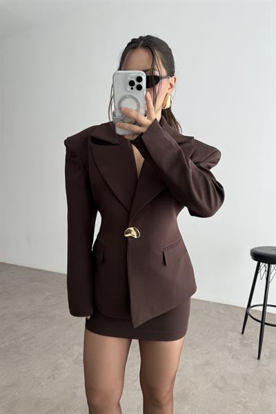 Lucia Vatkalı Ceket Etek Kahve Takım