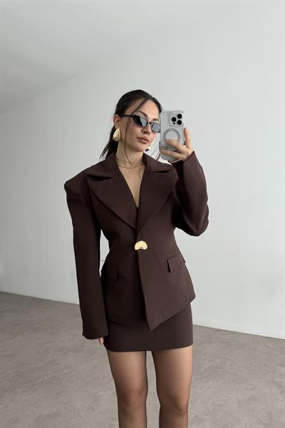 Lucia Vatkalı Ceket Etek Kahve Takım