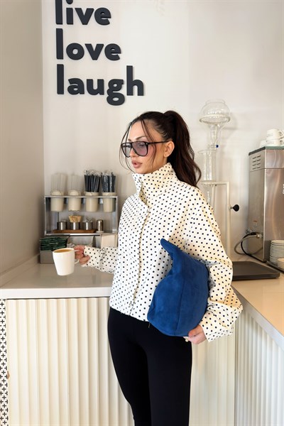 Luna Puantiyeli Dik Yakalı Ekru Ceket