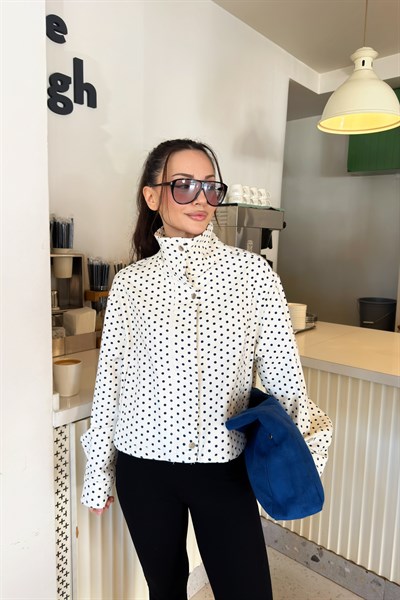 Luna Puantiyeli Dik Yakalı Ekru Ceket