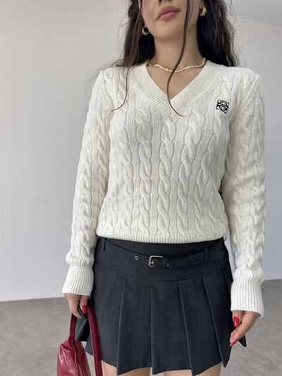 V Yakalı Premium Lw Ekru Kazak