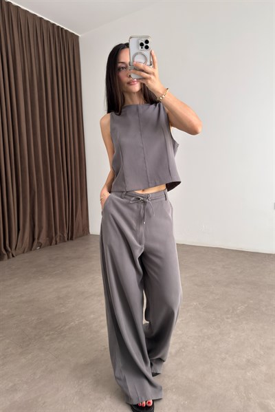 Maren Taupe Kolsuz Bluz Pantolon Takım