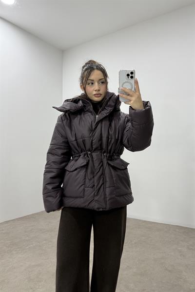 Massmo Model Koyu Mürdüm Şişme Kapüşonlu Büzgülü Mont