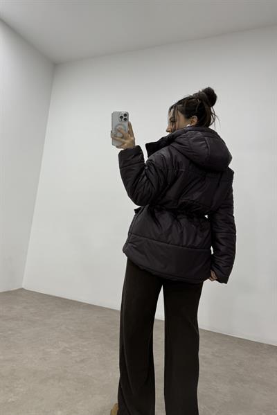 Massmo Model Koyu Mürdüm Şişme Kapüşonlu Büzgülü Mont