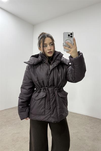 Massmo Model Koyu Mürdüm Şişme Kapüşonlu Büzgülü Mont