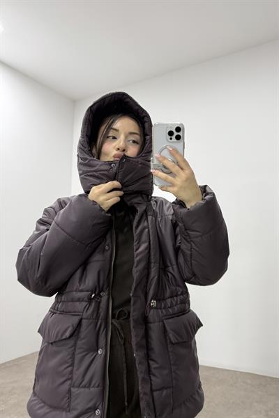 Massmo Model Koyu Mürdüm Şişme Kapüşonlu Büzgülü Mont