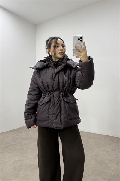 Massmo Model Koyu Mürdüm Şişme Kapüşonlu Büzgülü Mont