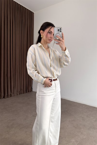 Mavi Çizgili Tensel Ekru Gömlek