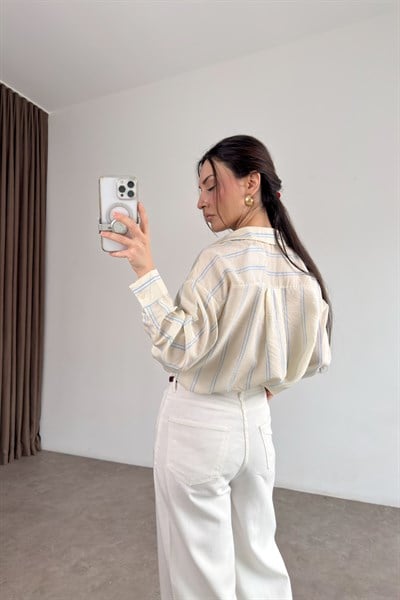 Mavi Çizgili Tensel Ekru Gömlek