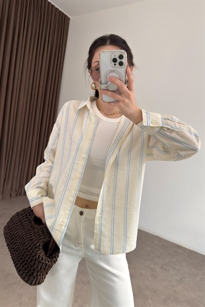 Mavi Çizgili Tensel Ekru Gömlek