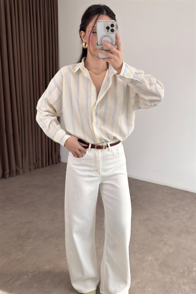 Mavi Çizgili Tensel Ekru Gömlek