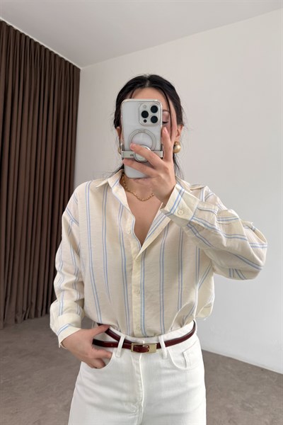 Mavi Çizgili Tensel Ekru Gömlek