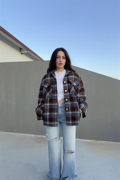 Mavi Ekoseli Cepli Kalın Ceket