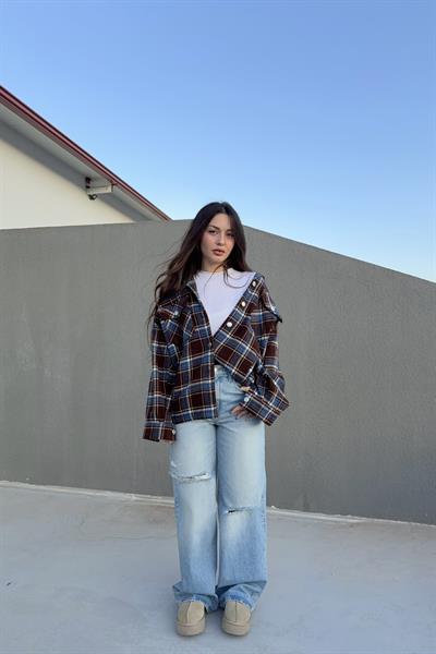 Mavi Ekoseli Cepli Kalın Ceket