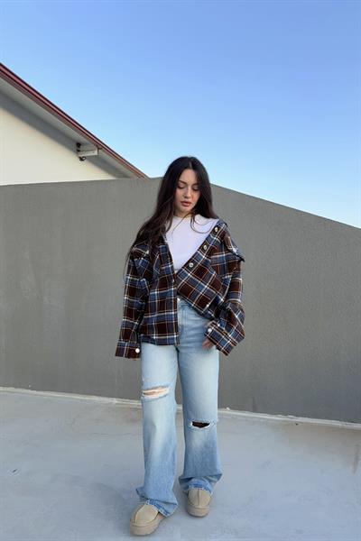 Mavi Ekoseli Cepli Kalın Ceket