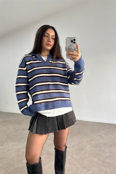 Mavi Kahve Çizgili Polo Yakalı Kazak