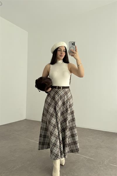 Mavi Kahve Ekoseli Uzun Etek