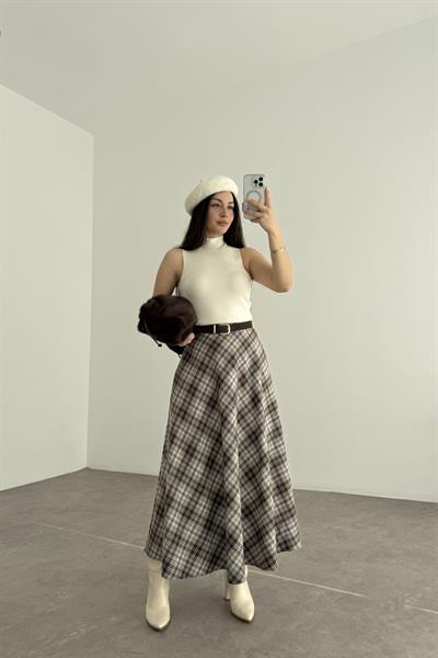 Mavi Kahve Ekoseli Uzun Etek