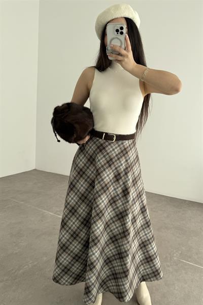 Mavi Kahve Ekoseli Uzun Etek