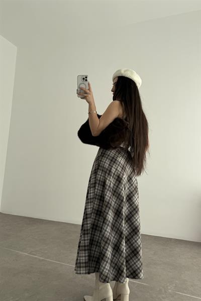 Mavi Kahve Ekoseli Uzun Etek