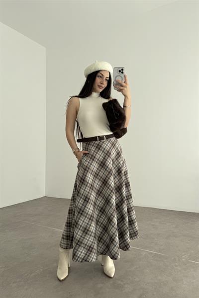 Mavi Kahve Ekoseli Uzun Etek