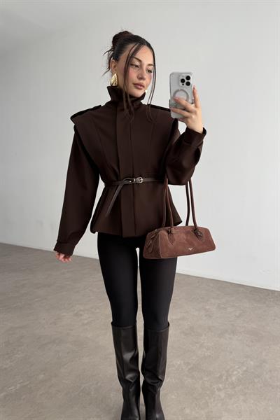 Military Dik Yakalı Kemerli Acı Kahve Ceket