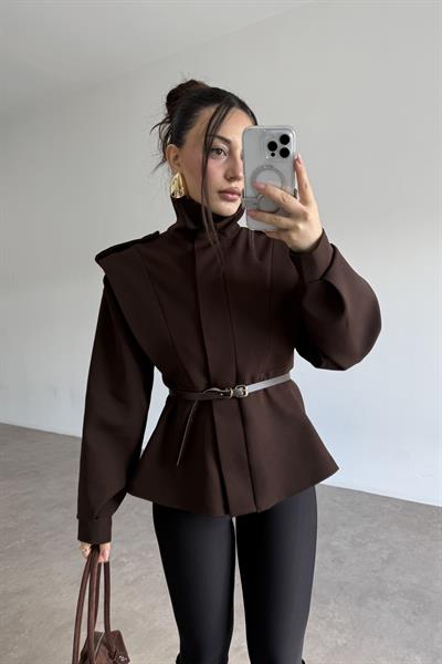 Military Dik Yakalı Kemerli Acı Kahve Ceket