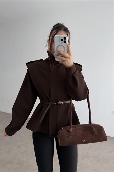 Military Dik Yakalı Kemerli Acı Kahve Ceket