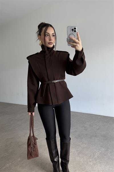 Military Dik Yakalı Kemerli Acı Kahve Ceket