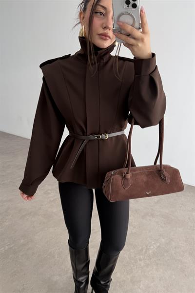 Military Dik Yakalı Kemerli Acı Kahve Ceket