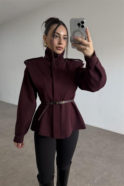 Military Dik Yakalı Kemerli Mürdüm Ceket