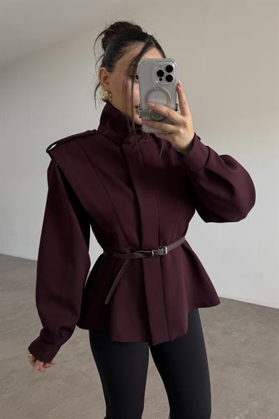 Military Dik Yakalı Kemerli Mürdüm Ceket