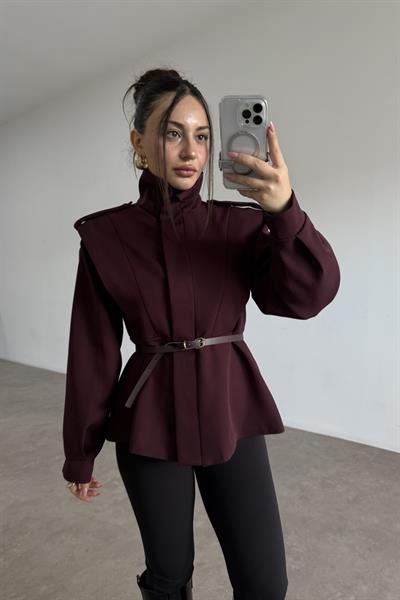 Military Dik Yakalı Kemerli Mürdüm Ceket