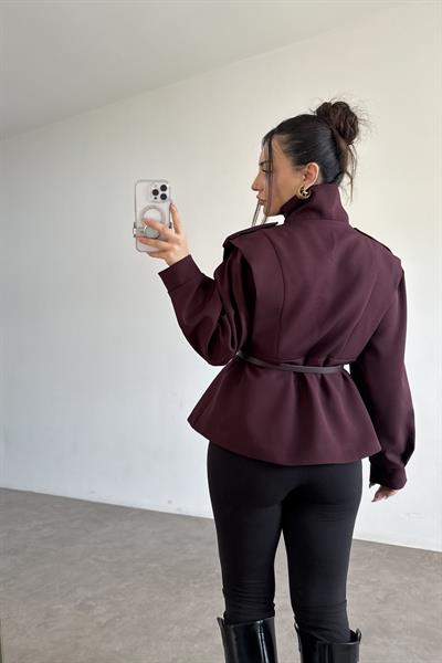 Military Dik Yakalı Kemerli Mürdüm Ceket